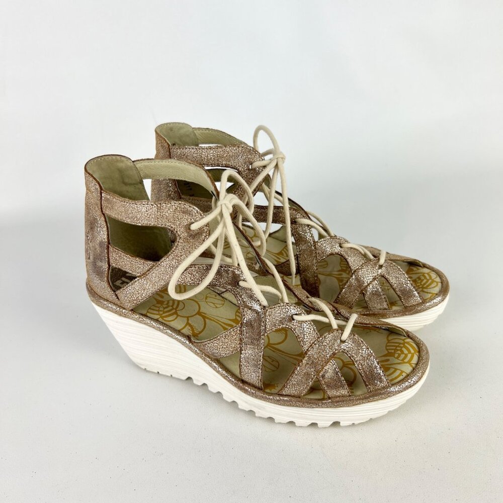 Fly London Womens Yuke Metallic Wedge Gladiator Sandal Rose Gold sz 37 US 6.5 7